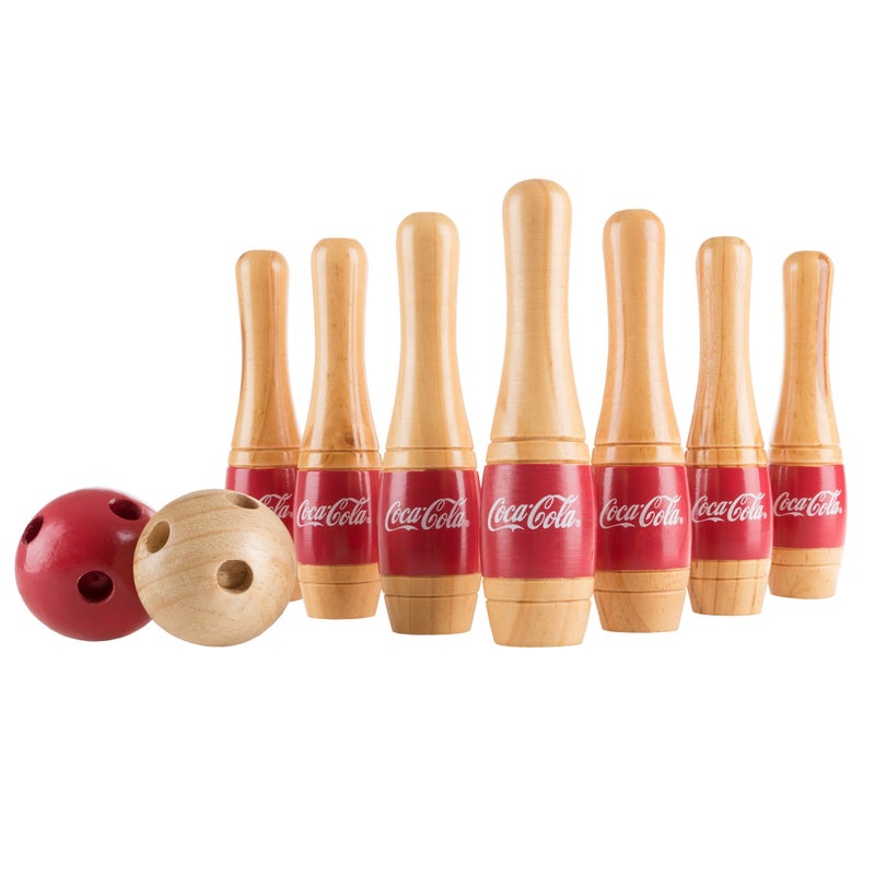 Coca-Cola Coca Cola Bowling Set â€“ Indoor and Outdoor Bowling Game for Adults and Kids â€“ 10 Wooden Pins, 2 Balls, and Mesh Carrying Bag by Hey Play (Red) - Image 1